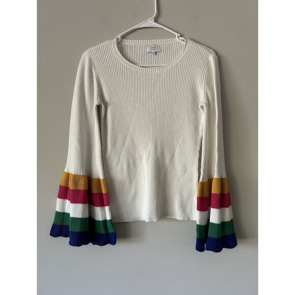 Crown & Ivy White Sweater With Rainbow Colorful Bell Flare Sleeves Size Small - Picture 10 of 10